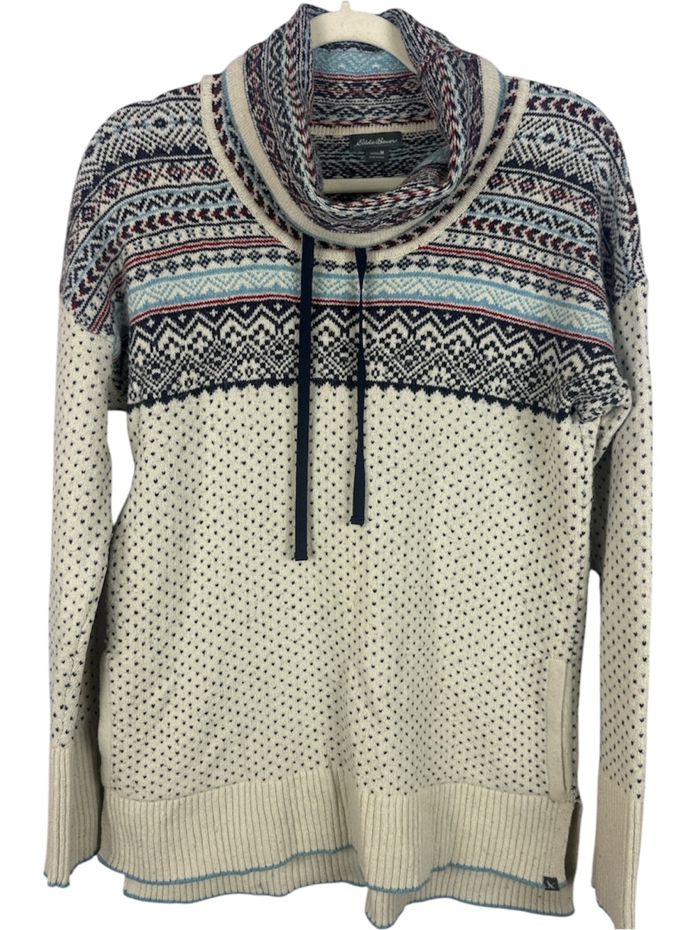 Eddie Bauer Wool Blend Fair Isle Cowl Neck Sweater Women’s Size M Pockets